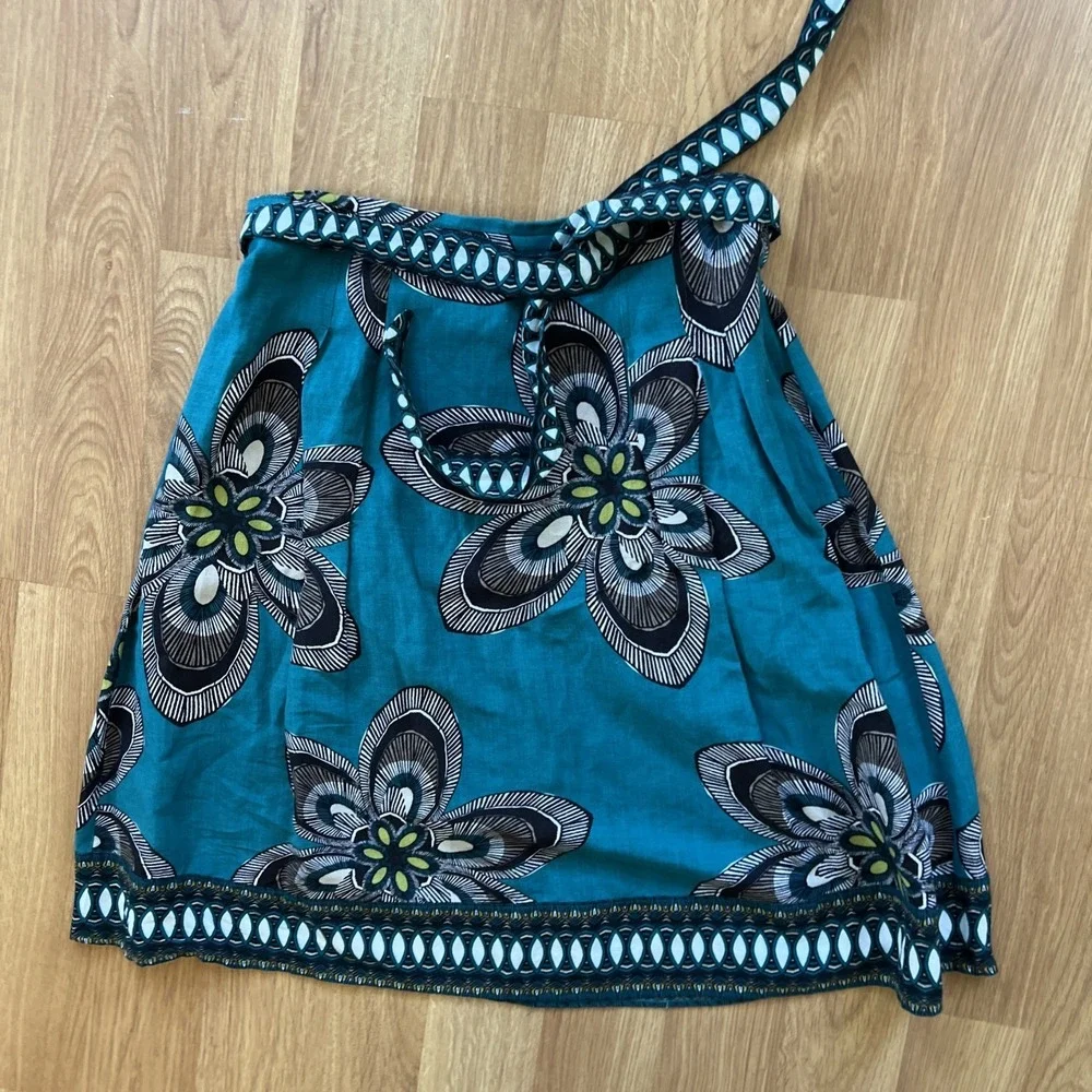 East 5th A-Line Skirt Sz 10 Boho Linen Blend Teal Floral Belt Pleated‎ Tie Belt